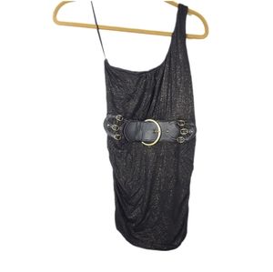 💜Wet Seal Women Top One Shoulder Strap Deco Belt Black Gold Metallic Sparkles S